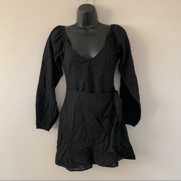 Princess Polly Kameron Black V Neck Tie Wrap Skirt Balloon Sleeve Mini Dress - Picture 3 of 10